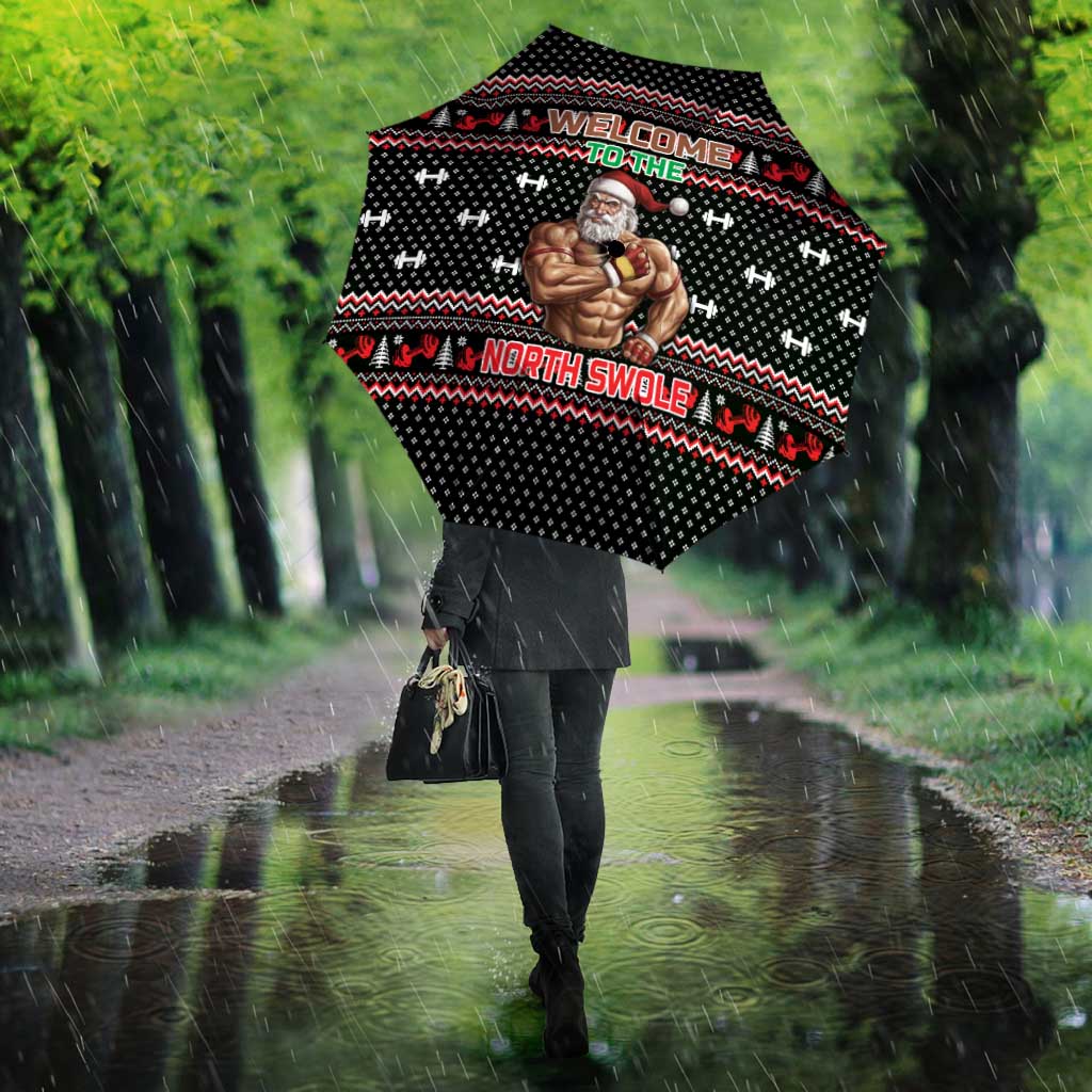 Bodybuilder Santa Christmas Umbrella with Welcome to the North Swole Quote and Dumbbell - Wonder Print Shop