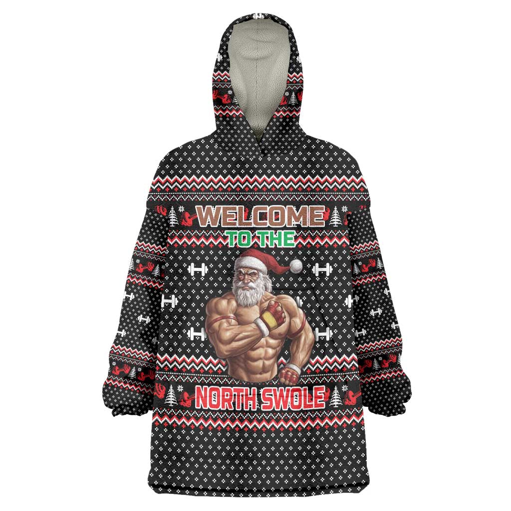 Bodybuilder Santa Christmas Wearable Blanket Hoodie with Welcome to the North Swole Quote and Dumbbell - Wonder Print Shop