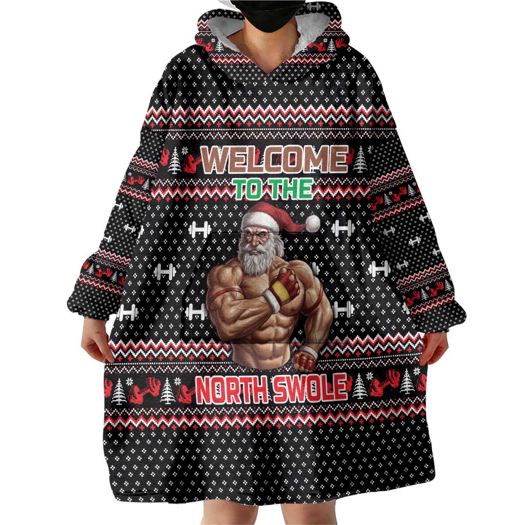 Bodybuilder Santa Christmas Wearable Blanket Hoodie with Welcome to the North Swole Quote and Dumbbell - Wonder Print Shop