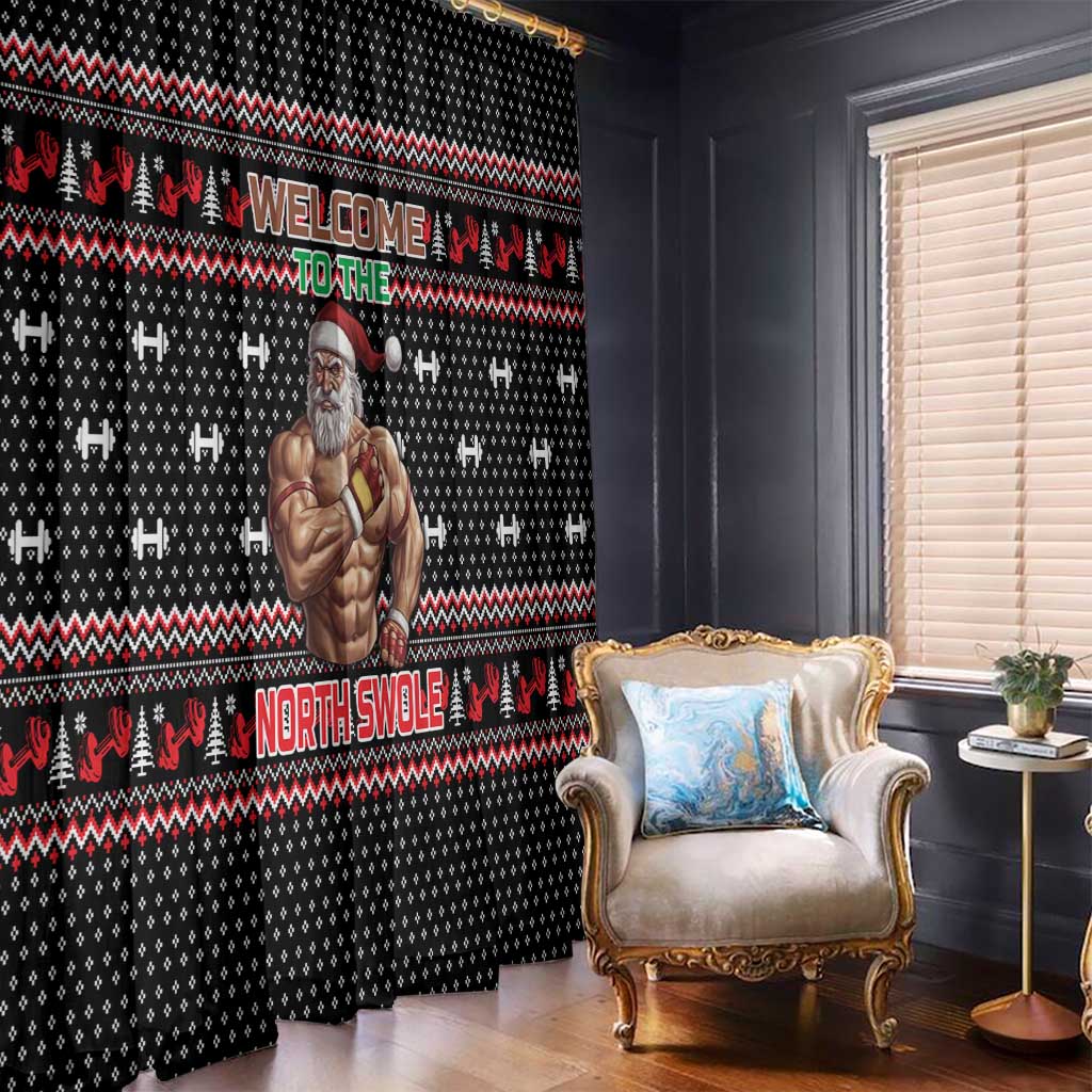 Bodybuilder Santa Christmas Window Curtain with Welcome to the North Swole Quote and Dumbbell - Wonder Print Shop