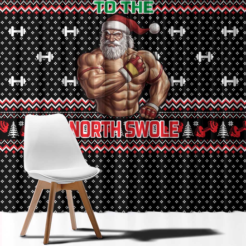 Bodybuilder Santa Christmas Window Curtain with Welcome to the North Swole Quote and Dumbbell - Wonder Print Shop
