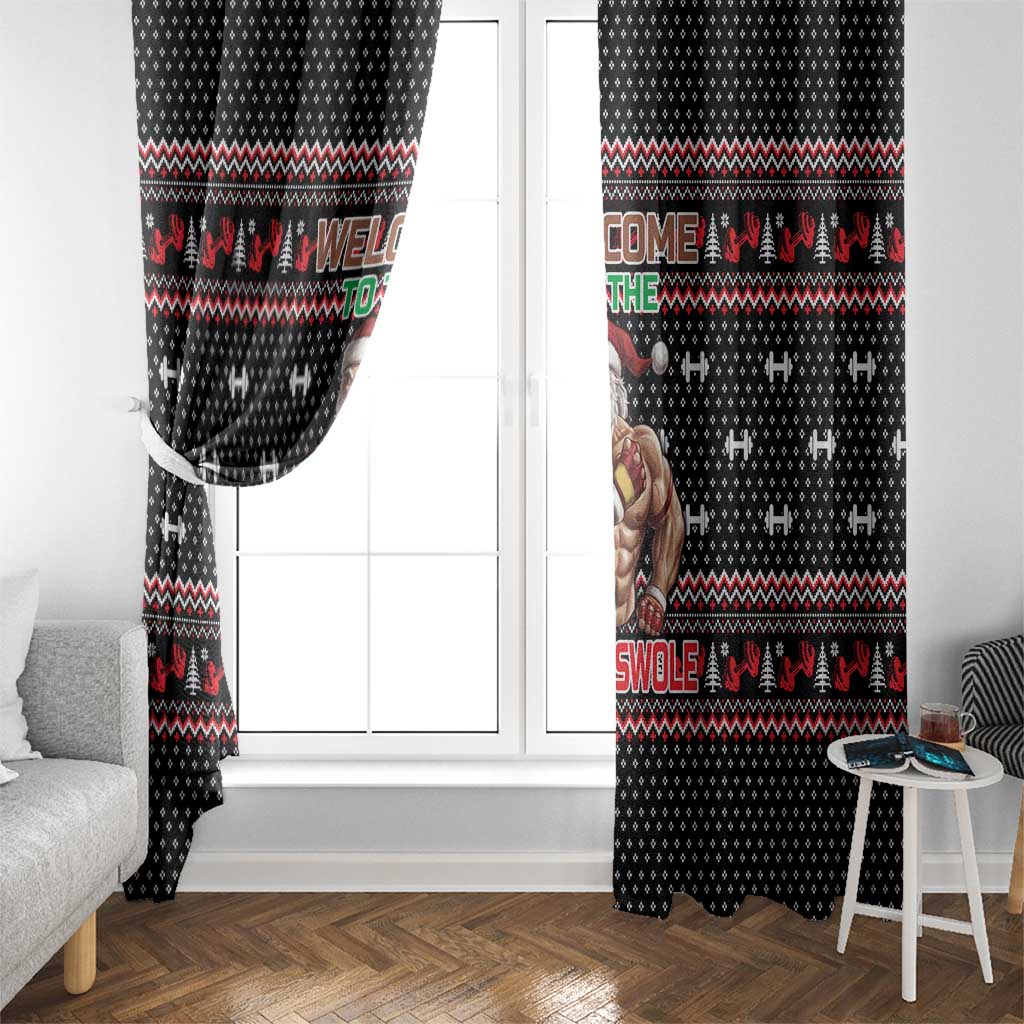 Bodybuilder Santa Christmas Window Curtain with Welcome to the North Swole Quote and Dumbbell - Wonder Print Shop