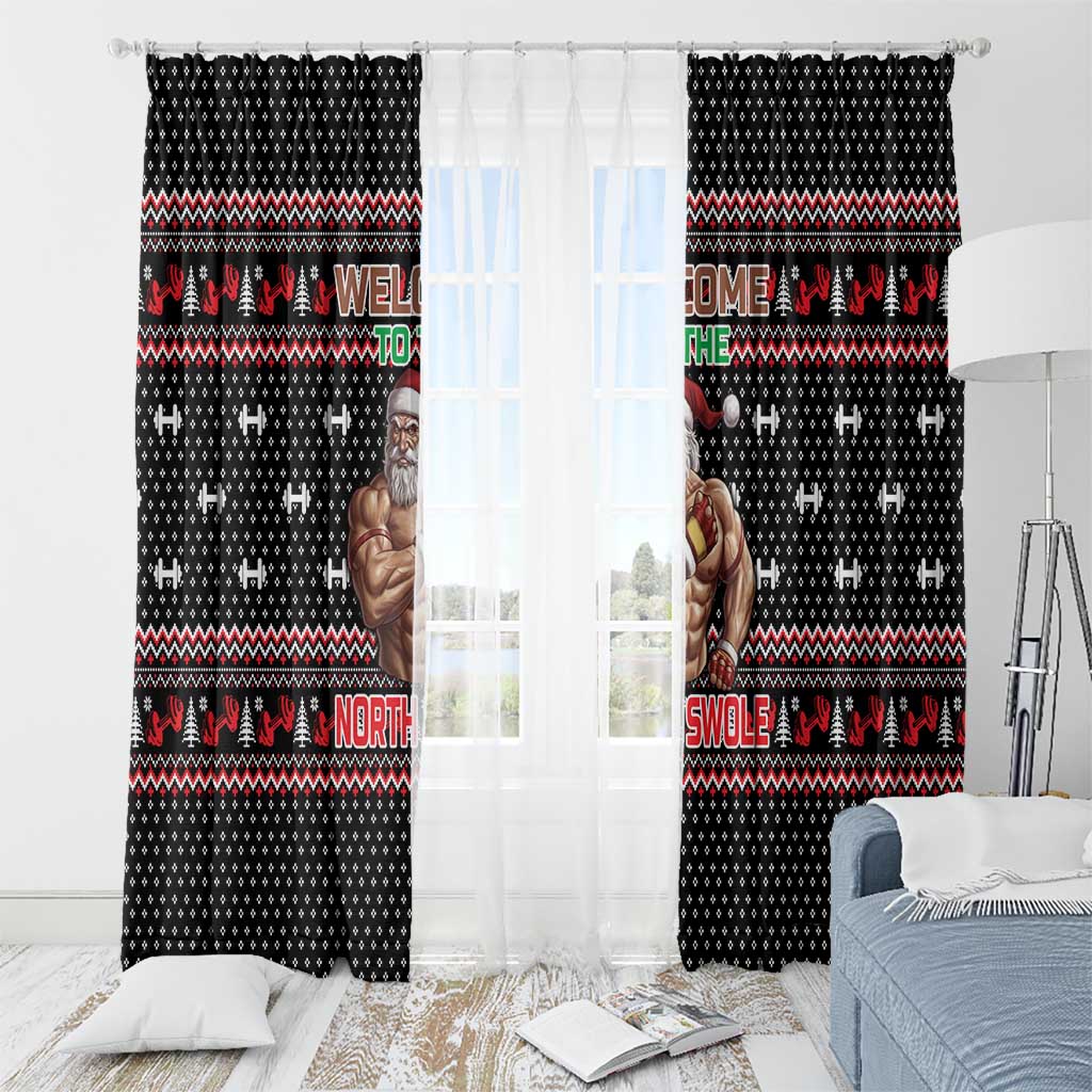 Bodybuilder Santa Christmas Window Curtain with Welcome to the North Swole Quote and Dumbbell - Wonder Print Shop