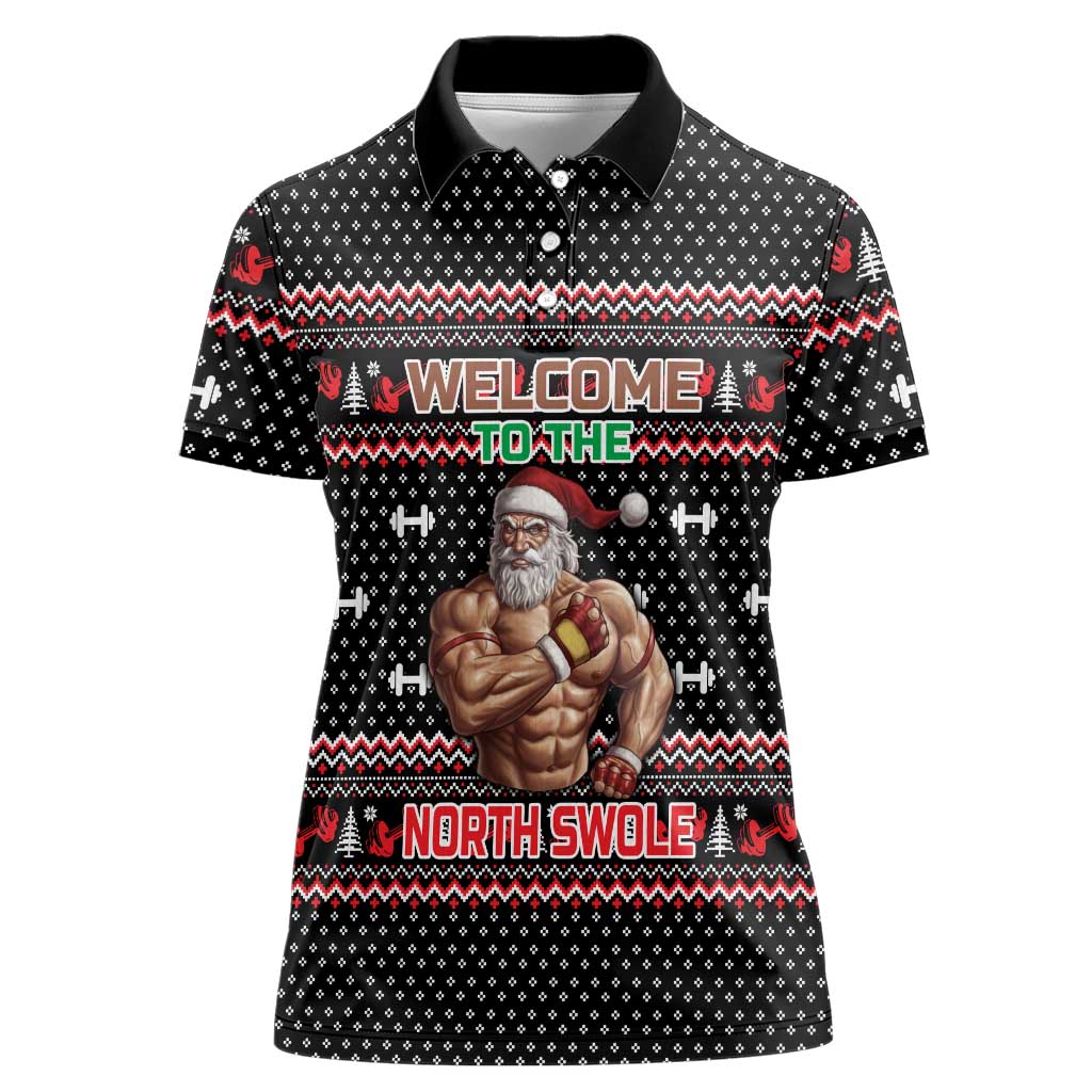 Bodybuilder Santa Christmas Women Polo Shirt with Welcome to the North Swole Quote and Dumbbell - Wonder Print Shop