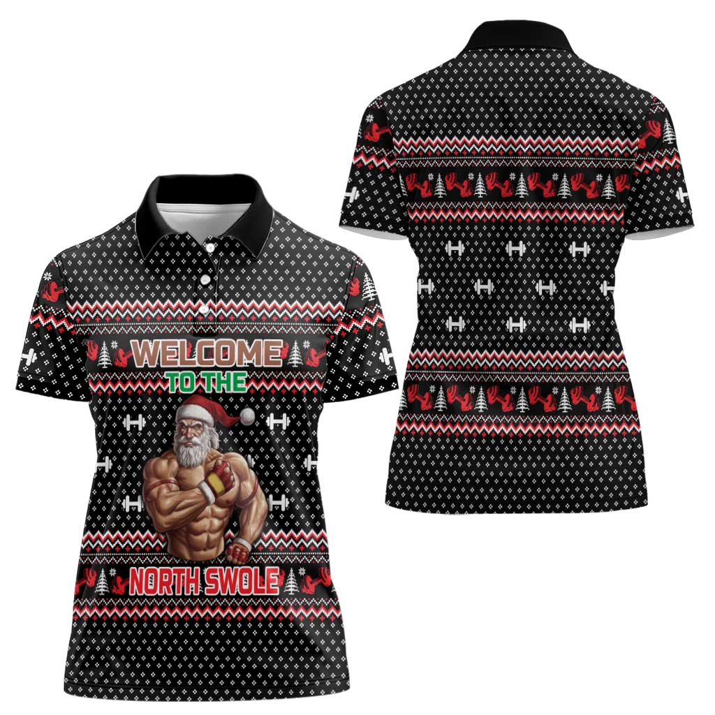 Bodybuilder Santa Christmas Women Polo Shirt with Welcome to the North Swole Quote and Dumbbell - Wonder Print Shop