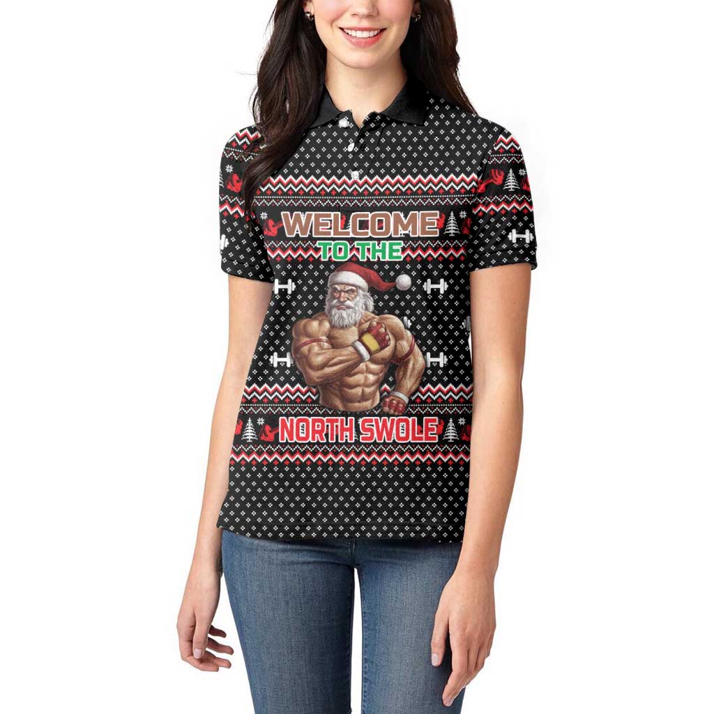 Bodybuilder Santa Christmas Women Polo Shirt with Welcome to the North Swole Quote and Dumbbell - Wonder Print Shop