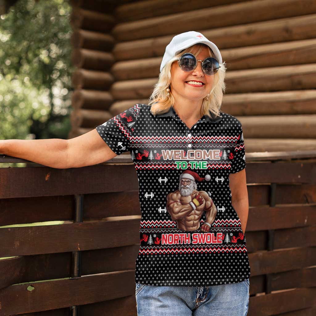 Bodybuilder Santa Christmas Women Polo Shirt with Welcome to the North Swole Quote and Dumbbell - Wonder Print Shop