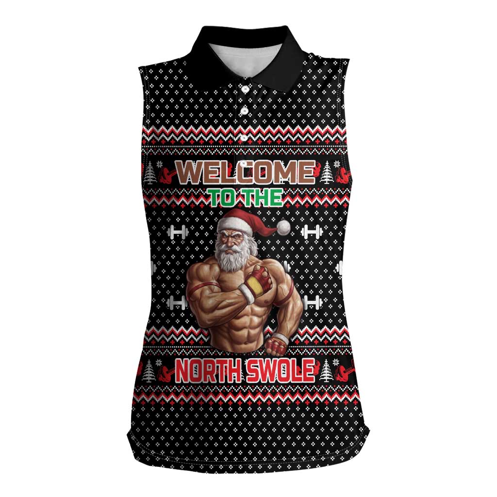 Bodybuilder Santa Christmas Women Sleeveless Polo Shirt with Welcome to the North Swole Quote and Dumbbell - Wonder Print Shop