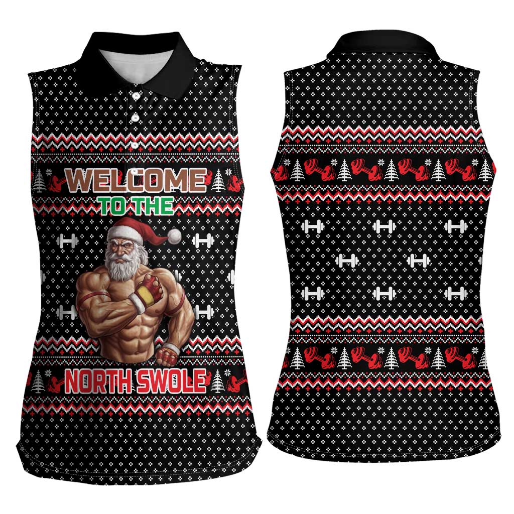 Bodybuilder Santa Christmas Women Sleeveless Polo Shirt with Welcome to the North Swole Quote and Dumbbell - Wonder Print Shop
