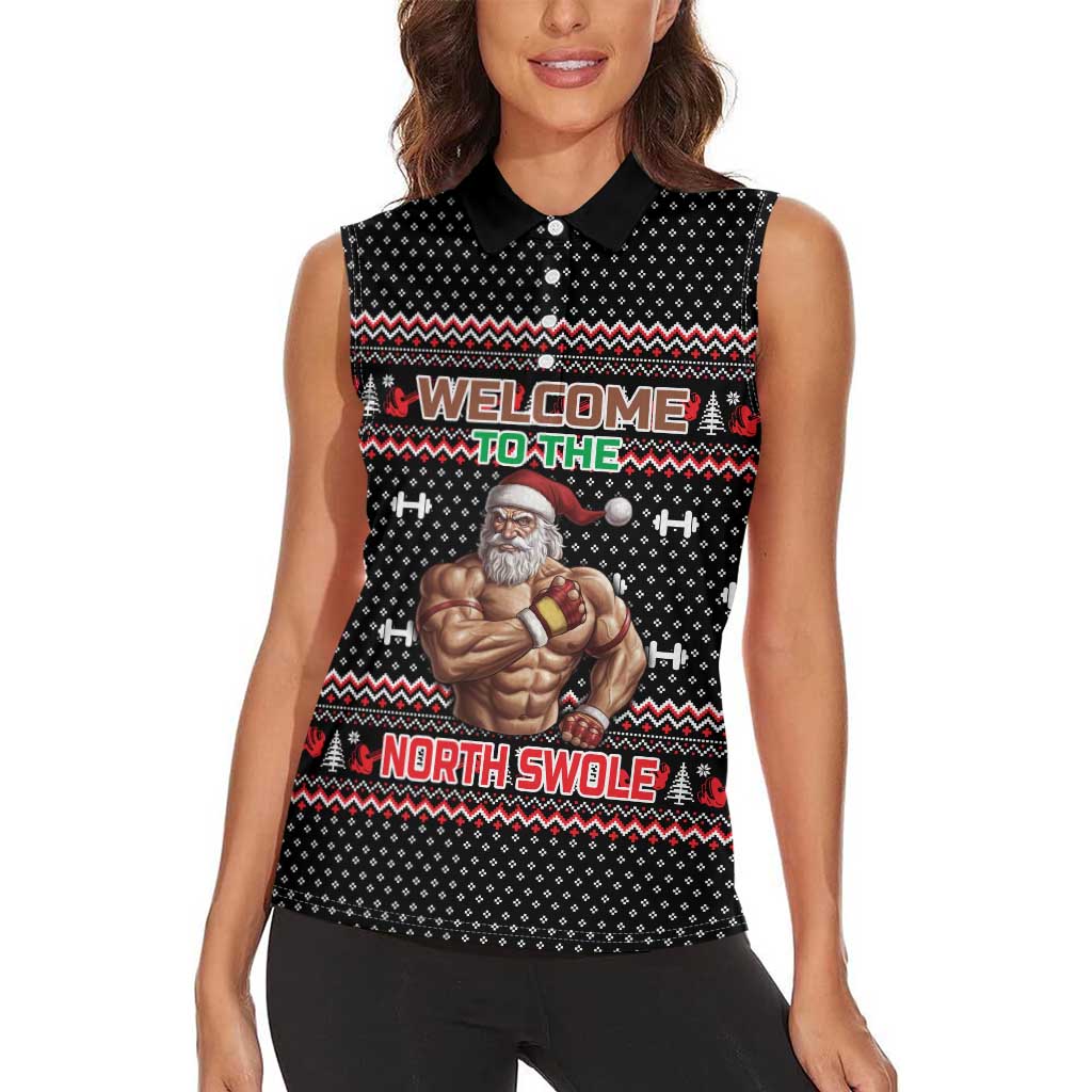 Bodybuilder Santa Christmas Women Sleeveless Polo Shirt with Welcome to the North Swole Quote and Dumbbell - Wonder Print Shop
