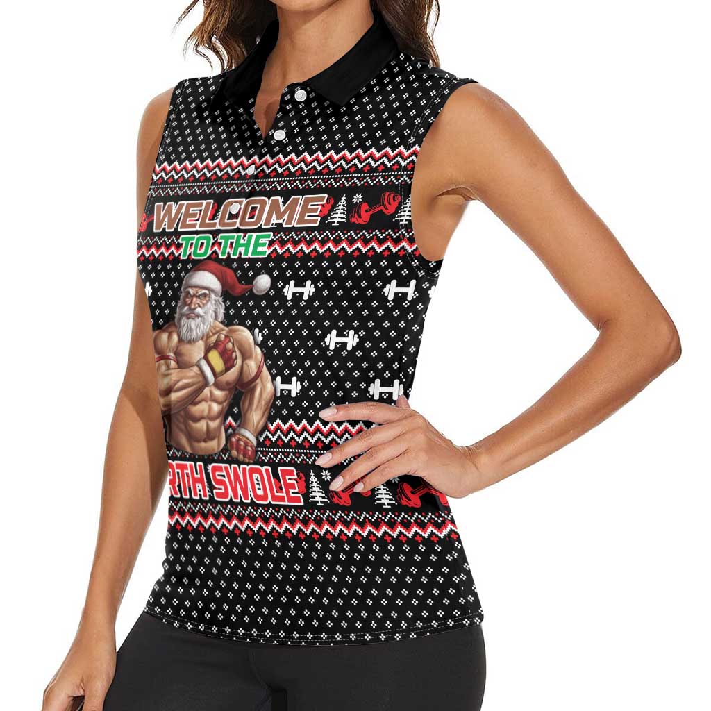 Bodybuilder Santa Christmas Women Sleeveless Polo Shirt with Welcome to the North Swole Quote and Dumbbell - Wonder Print Shop