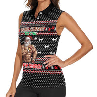 Bodybuilder Santa Christmas Women Sleeveless Polo Shirt with Welcome to the North Swole Quote and Dumbbell - Wonder Print Shop