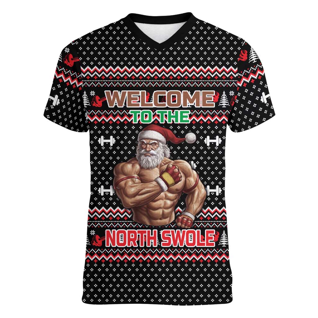 Bodybuilder Santa Christmas Women V-Neck T-Shirt with Welcome to the North Swole Quote and Dumbbell - Wonder Print Shop