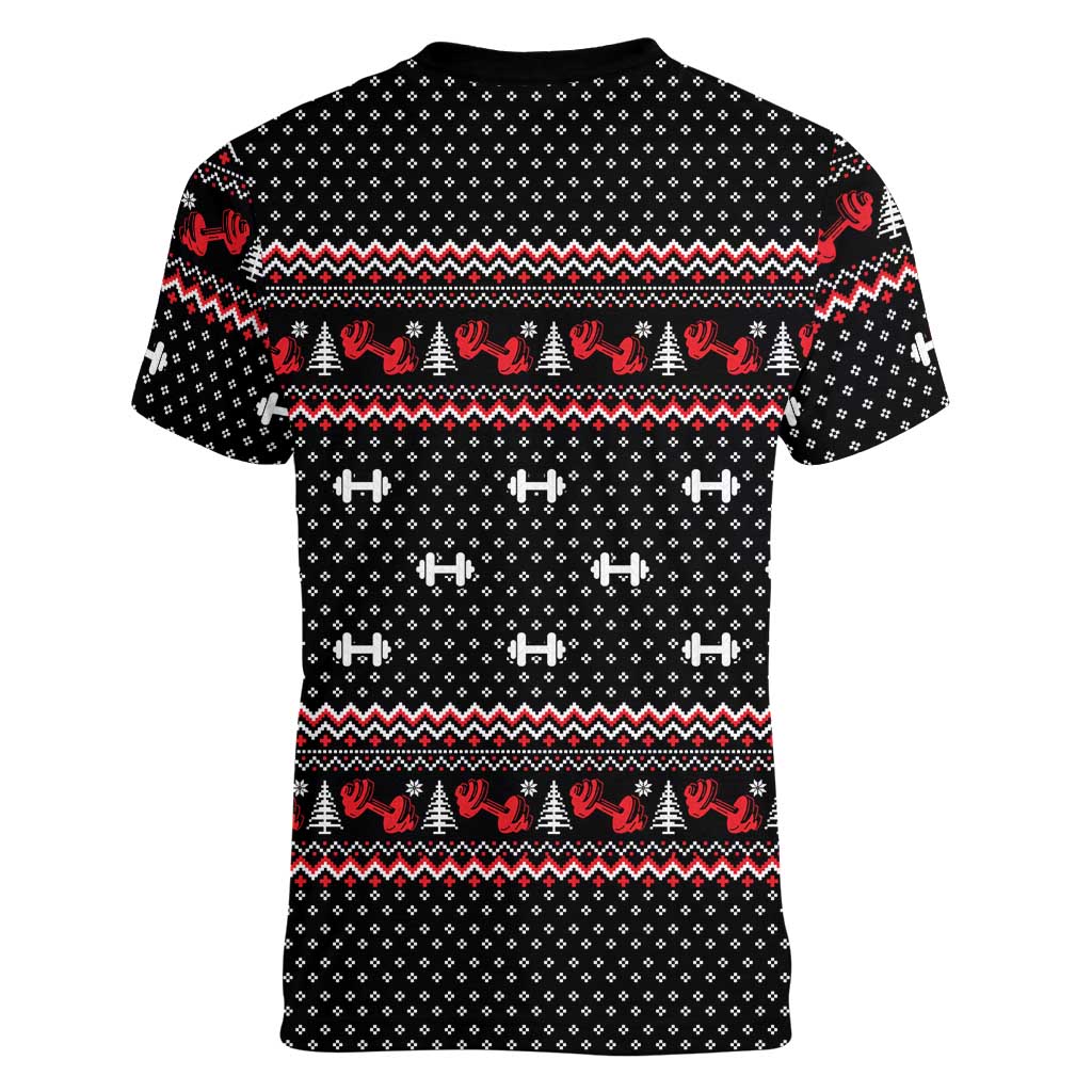 Bodybuilder Santa Christmas Women V-Neck T-Shirt with Welcome to the North Swole Quote and Dumbbell - Wonder Print Shop
