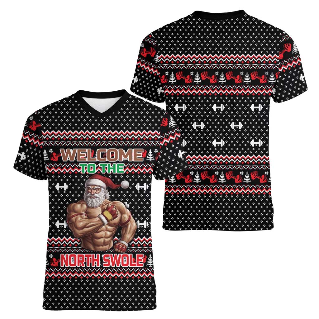 Bodybuilder Santa Christmas Women V-Neck T-Shirt with Welcome to the North Swole Quote and Dumbbell - Wonder Print Shop
