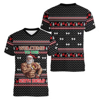 Bodybuilder Santa Christmas Women V-Neck T-Shirt with Welcome to the North Swole Quote and Dumbbell - Wonder Print Shop