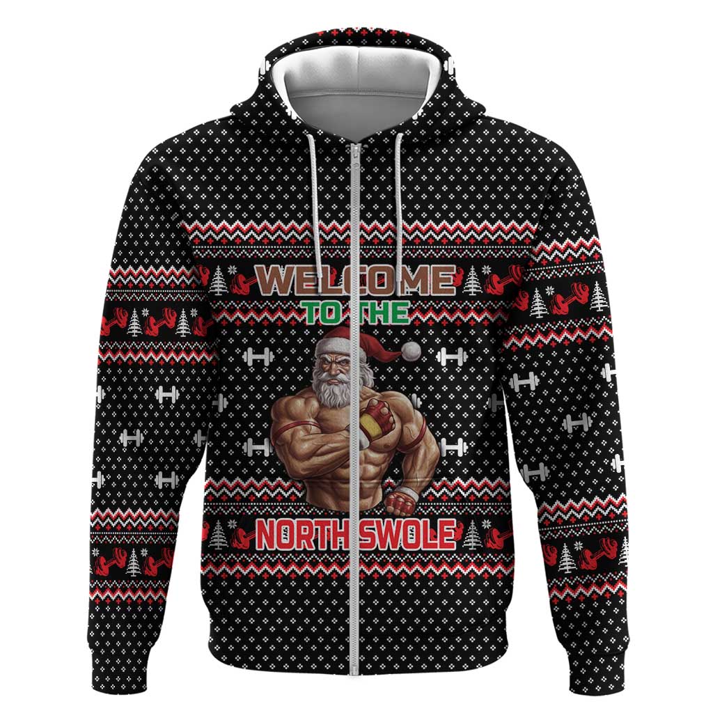 Bodybuilder Santa Christmas Zip Hoodie with Welcome to the North Swole Quote and Dumbbell - Wonder Print Shop