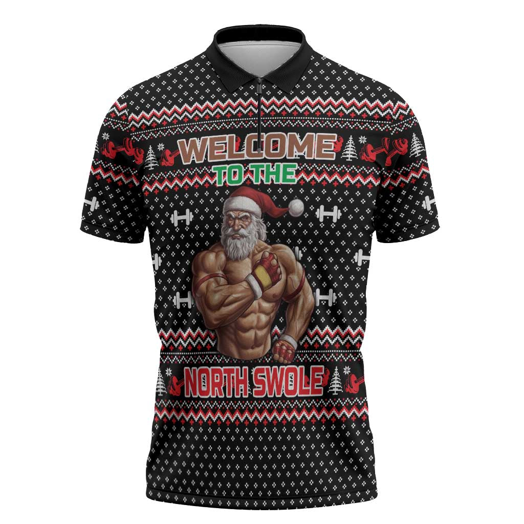 Bodybuilder Santa Christmas Zipper Polo Shirt with Welcome to the North Swole Quote and Dumbbell - Wonder Print Shop