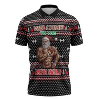 Bodybuilder Santa Christmas Zipper Polo Shirt with Welcome to the North Swole Quote and Dumbbell - Wonder Print Shop