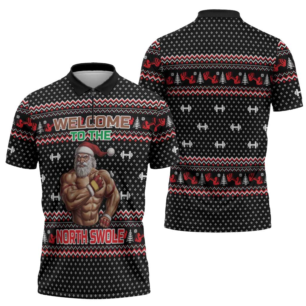 Bodybuilder Santa Christmas Zipper Polo Shirt with Welcome to the North Swole Quote and Dumbbell - Wonder Print Shop