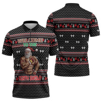 Bodybuilder Santa Christmas Zipper Polo Shirt with Welcome to the North Swole Quote and Dumbbell - Wonder Print Shop
