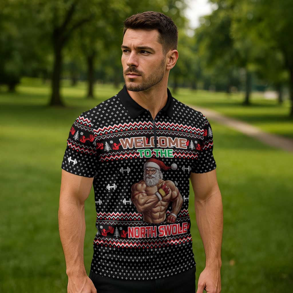 Bodybuilder Santa Christmas Zipper Polo Shirt with Welcome to the North Swole Quote and Dumbbell - Wonder Print Shop