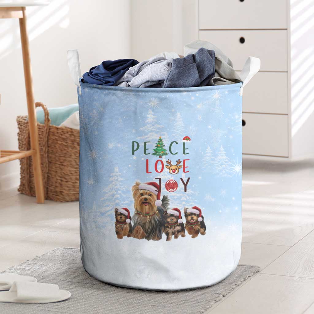 Yorkshire Terrier Dog Christmas Laundry Basket with Peace Love Joy Quote and Santa Hat Puppies in Snowy Winter Scene - Wonder Print Shop