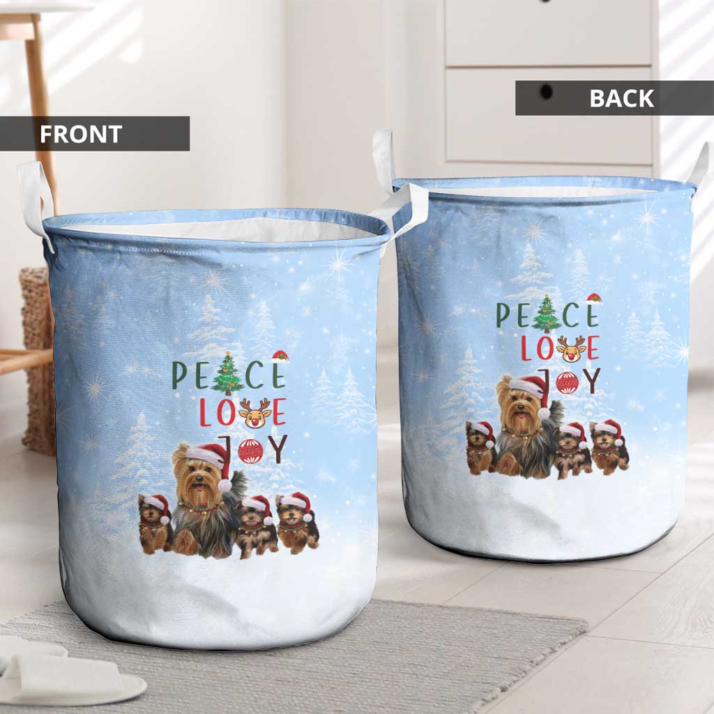 Yorkshire Terrier Dog Christmas Laundry Basket with Peace Love Joy Quote and Santa Hat Puppies in Snowy Winter Scene - Wonder Print Shop