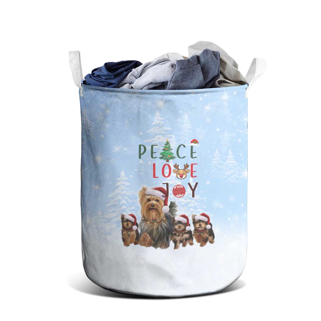 Yorkshire Terrier Dog Christmas Laundry Basket with Peace Love Joy Quote and Santa Hat Puppies in Snowy Winter Scene - Wonder Print Shop