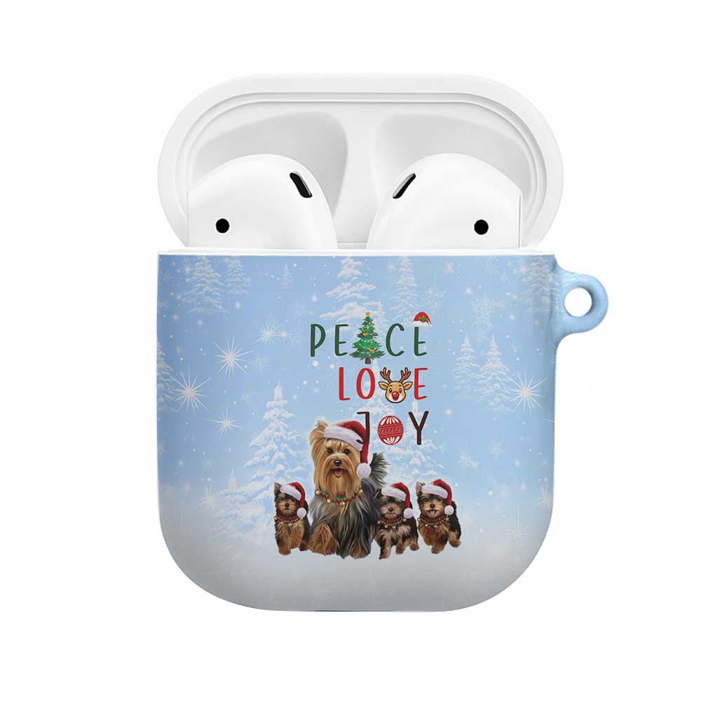 Yorkshire Terrier Dog Christmas AirPods Case with Peace Love Joy Quote and Santa Hat Puppies in Snowy Winter Scene - Wonder Print Shop