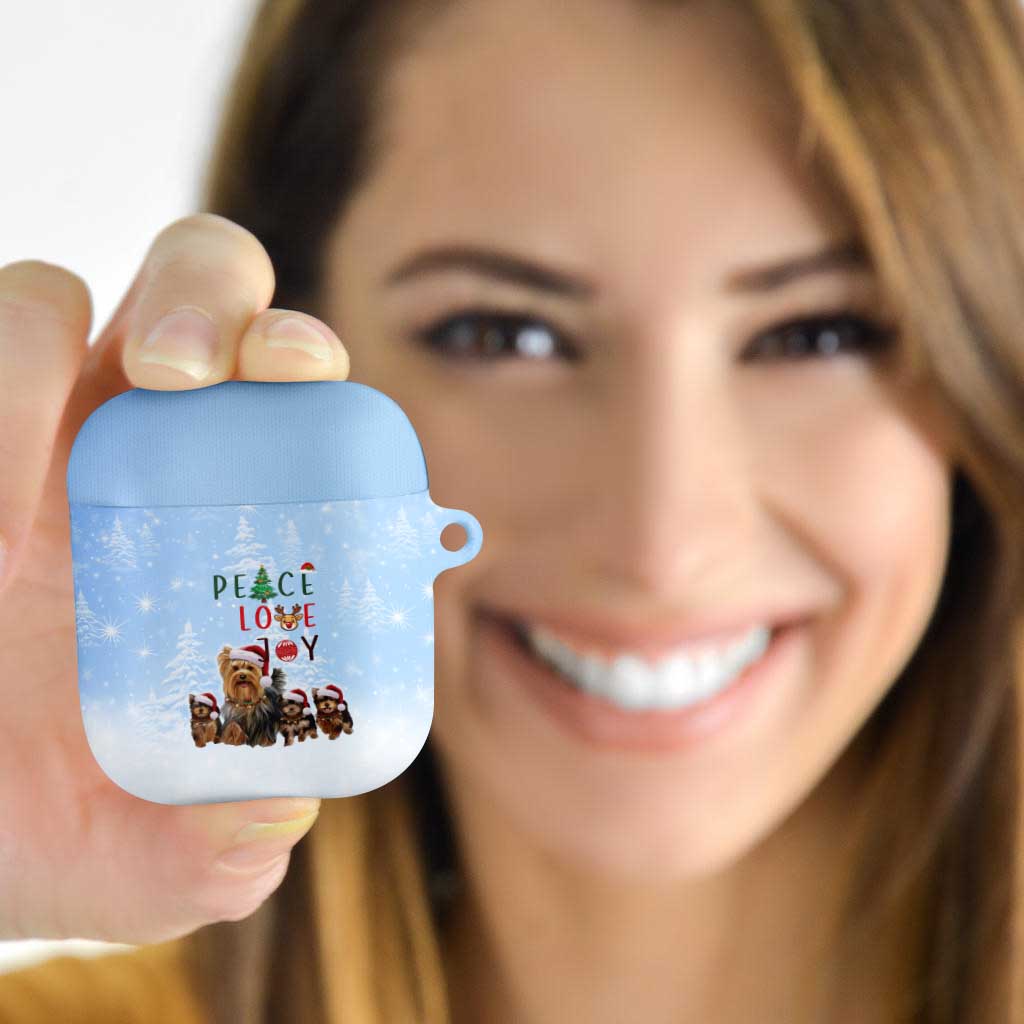 Yorkshire Terrier Dog Christmas AirPods Case with Peace Love Joy Quote and Santa Hat Puppies in Snowy Winter Scene - Wonder Print Shop