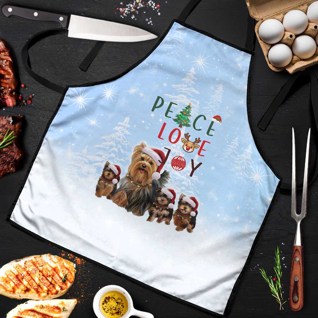 Yorkshire Terrier Dog Christmas Apron with Peace Love Joy Quote and Santa Hat Puppies in Snowy Winter Scene - Wonder Print Shop