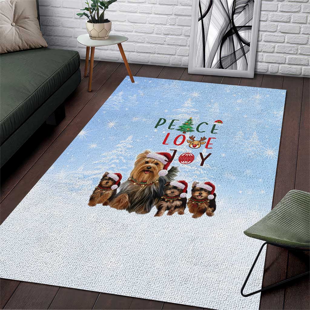 Yorkshire Terrier Dog Christmas Area Rug with Peace Love Joy Quote and Santa Hat Puppies in Snowy Winter Scene - Wonder Print Shop