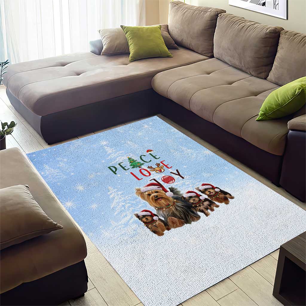 Yorkshire Terrier Dog Christmas Area Rug with Peace Love Joy Quote and Santa Hat Puppies in Snowy Winter Scene - Wonder Print Shop