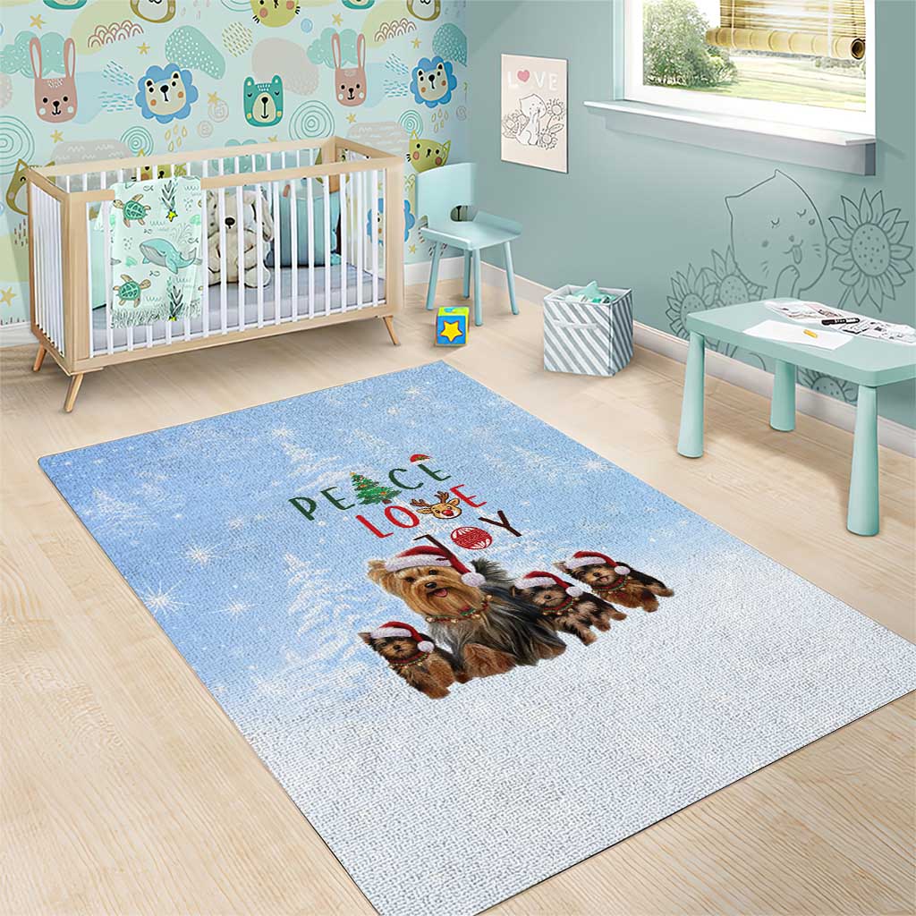 Yorkshire Terrier Dog Christmas Area Rug with Peace Love Joy Quote and Santa Hat Puppies in Snowy Winter Scene - Wonder Print Shop