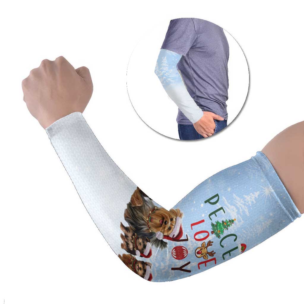 Yorkshire Terrier Dog Christmas Arm Sleeves with Peace Love Joy Quote and Santa Hat Puppies in Snowy Winter Scene - Wonder Print Shop
