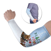 Yorkshire Terrier Dog Christmas Arm Sleeves with Peace Love Joy Quote and Santa Hat Puppies in Snowy Winter Scene - Wonder Print Shop