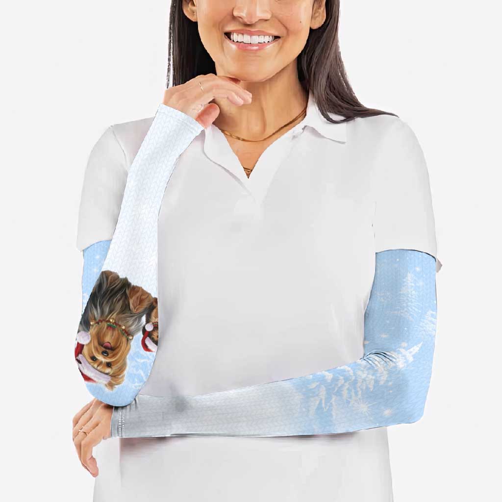 Yorkshire Terrier Dog Christmas Arm Sleeves with Peace Love Joy Quote and Santa Hat Puppies in Snowy Winter Scene - Wonder Print Shop