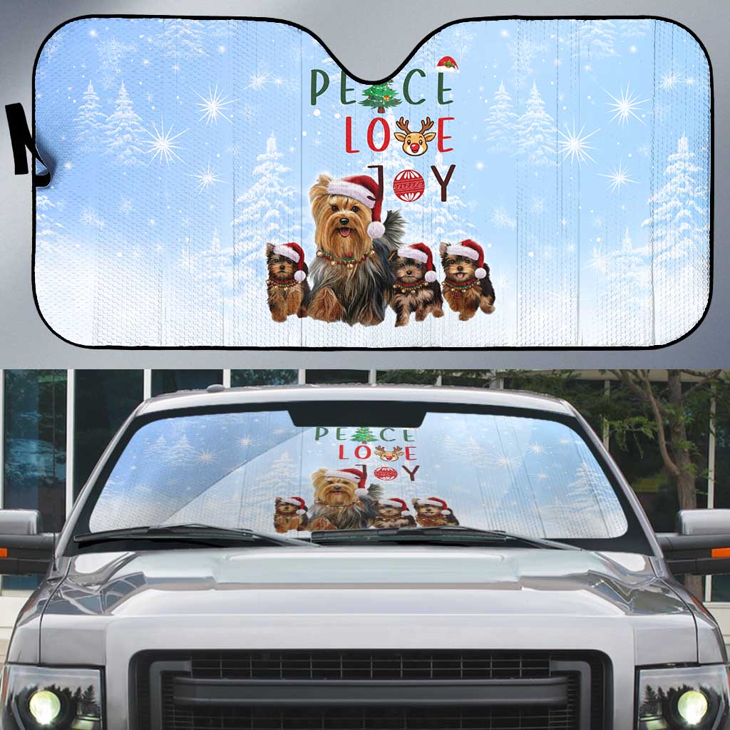 Yorkshire Terrier Dog Christmas Auto Sun Shade with Peace Love Joy Quote and Santa Hat Puppies in Snowy Winter Scene - Wonder Print Shop