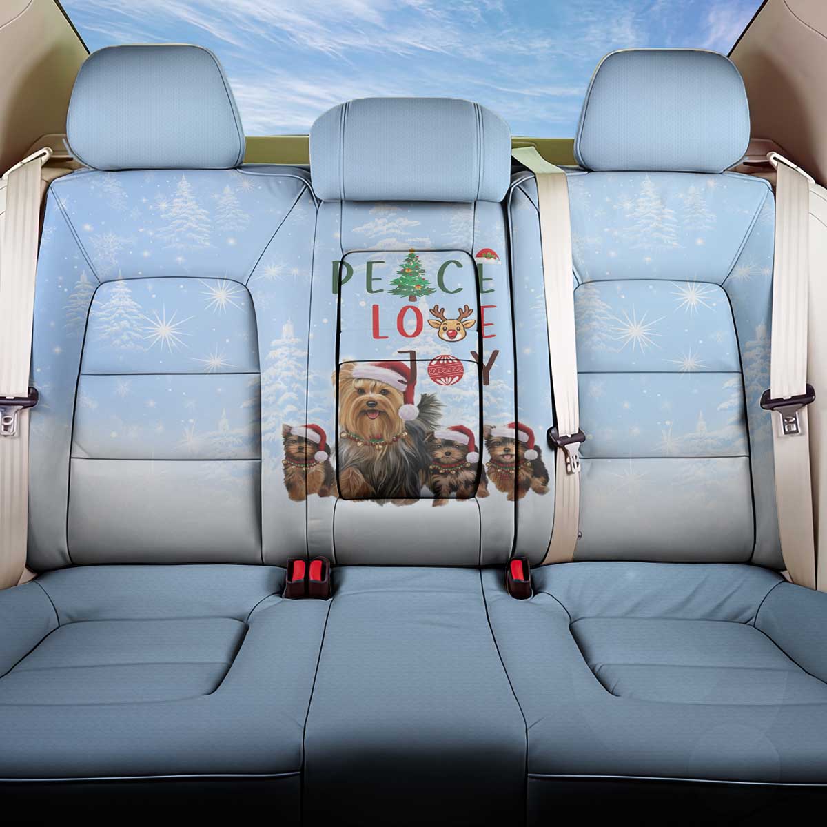 Yorkshire Terrier Dog Christmas Back Car Seat Cover with Peace Love Joy Quote and Santa Hat Puppies in Snowy Winter Scene - Wonder Print Shop
