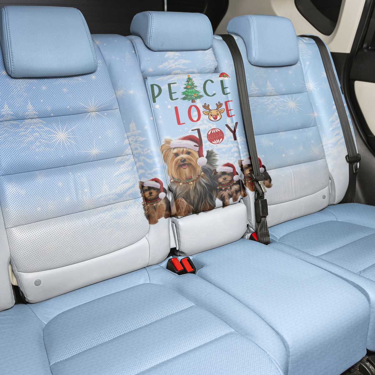 Yorkshire Terrier Dog Christmas Back Car Seat Cover with Peace Love Joy Quote and Santa Hat Puppies in Snowy Winter Scene - Wonder Print Shop