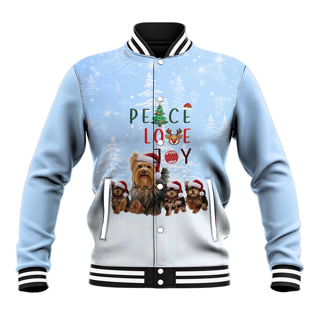 Yorkshire Terrier Dog Christmas Baseball Jacket with Peace Love Joy Quote and Santa Hat Puppies in Snowy Winter Scene - Wonder Print Shop