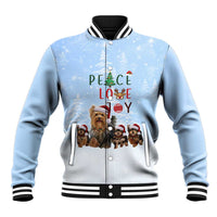 Yorkshire Terrier Dog Christmas Baseball Jacket with Peace Love Joy Quote and Santa Hat Puppies in Snowy Winter Scene - Wonder Print Shop