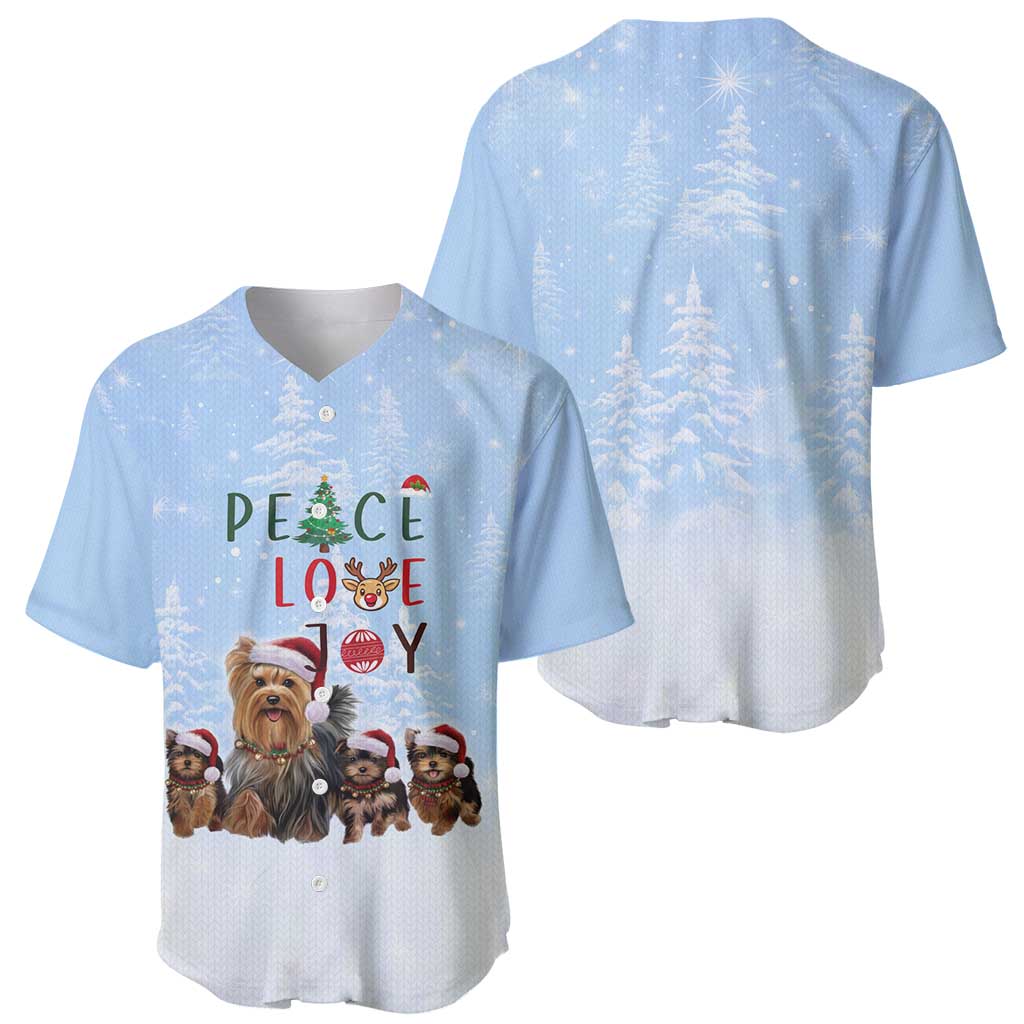 Yorkshire Terrier Dog Christmas Baseball Jersey with Peace Love Joy Quote and Santa Hat Puppies in Snowy Winter Scene - Wonder Print Shop
