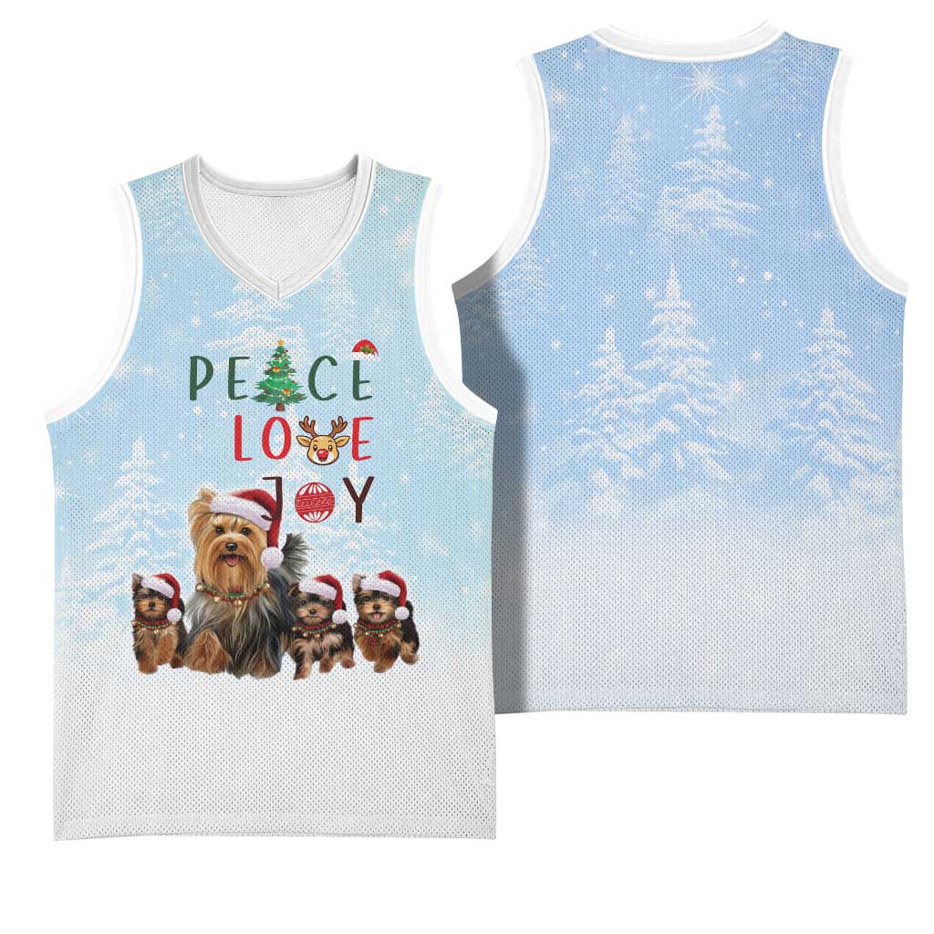 Yorkshire Terrier Dog Christmas Basketball Jersey with Peace Love Joy Quote and Santa Hat Puppies in Snowy Winter Scene - Wonder Print Shop