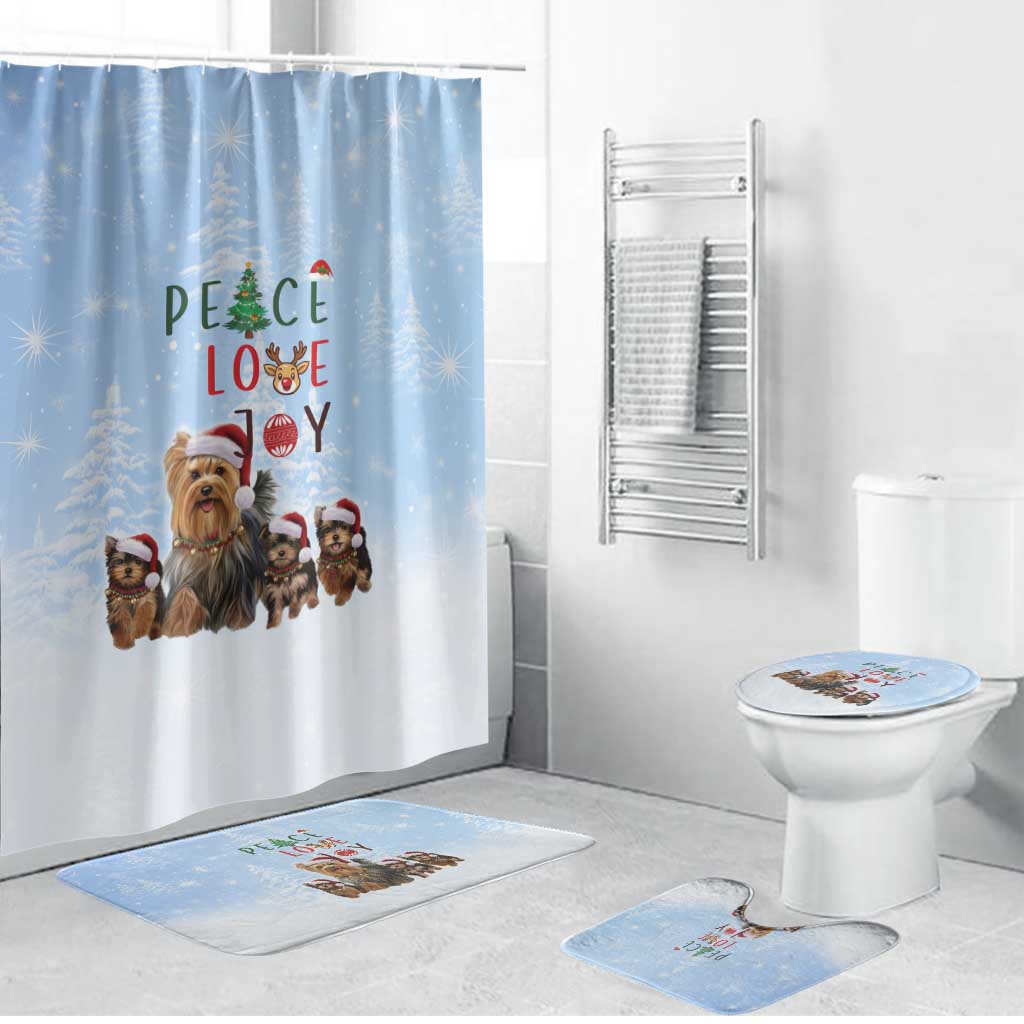 Yorkshire Terrier Dog Christmas Bathroom Set with Peace Love Joy Quote and Santa Hat Puppies in Snowy Winter Scene - Wonder Print Shop