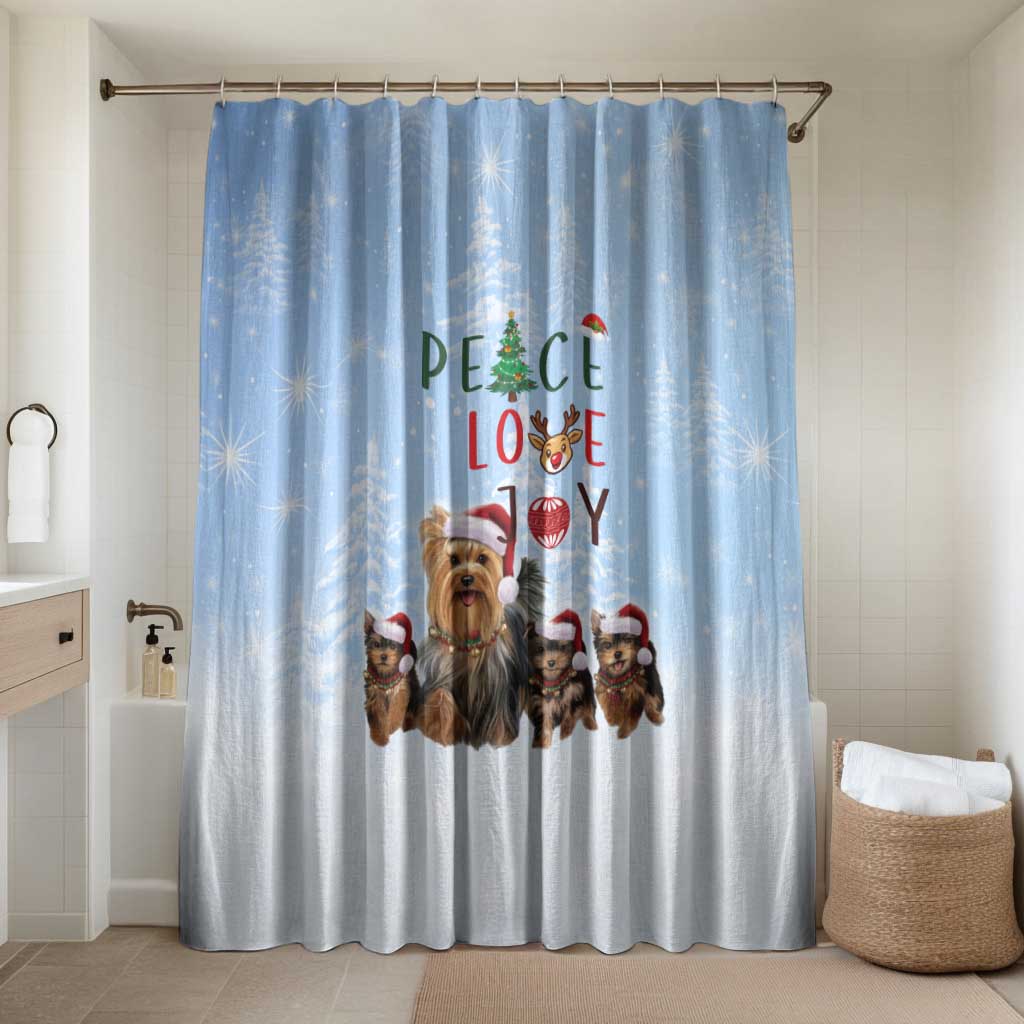 Yorkshire Terrier Dog Christmas Bathroom Set with Peace Love Joy Quote and Santa Hat Puppies in Snowy Winter Scene - Wonder Print Shop