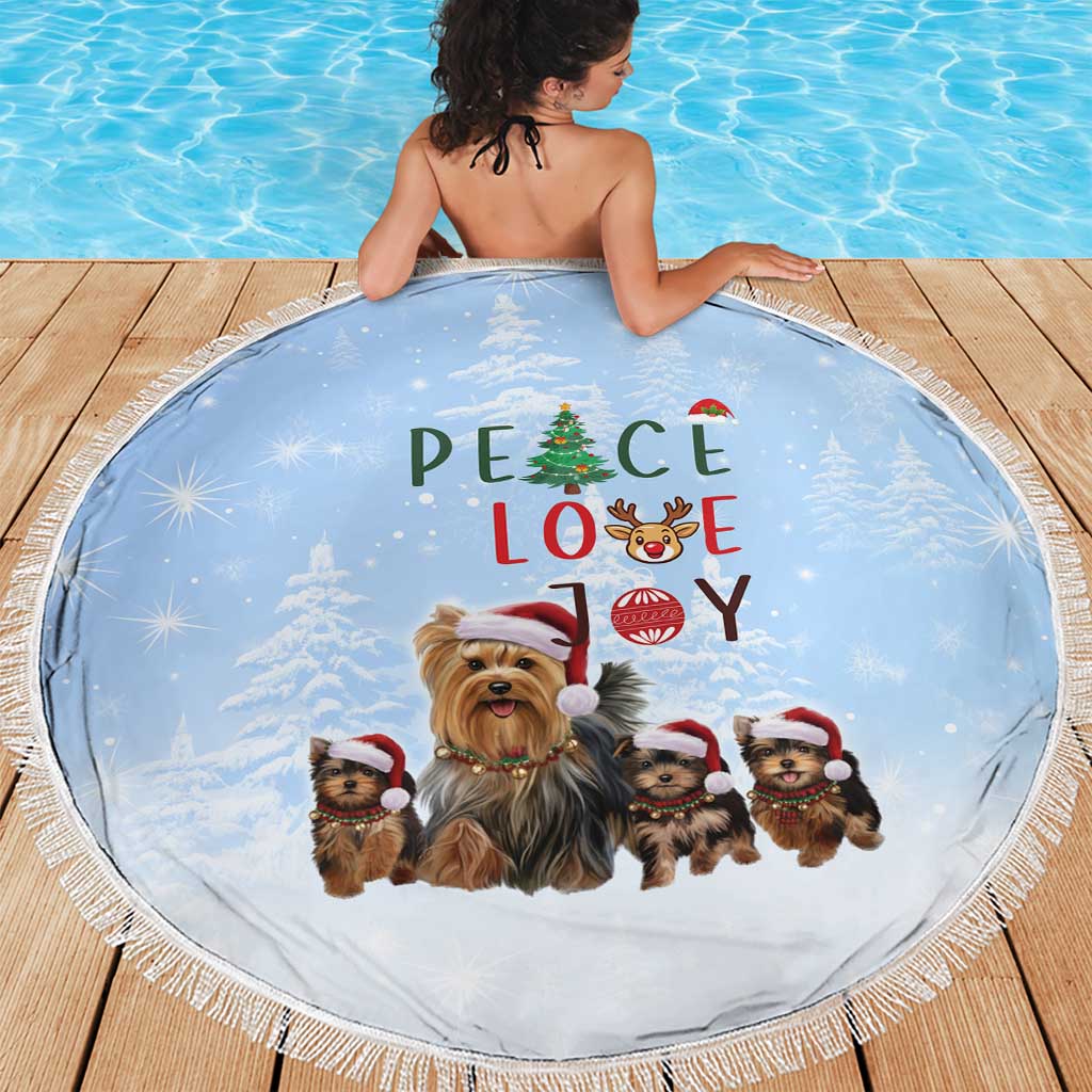 Yorkshire Terrier Dog Christmas Beach Blanket with Peace Love Joy Quote and Santa Hat Puppies in Snowy Winter Scene - Wonder Print Shop