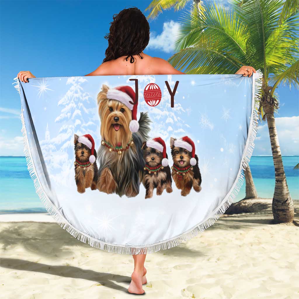 Yorkshire Terrier Dog Christmas Beach Blanket with Peace Love Joy Quote and Santa Hat Puppies in Snowy Winter Scene - Wonder Print Shop