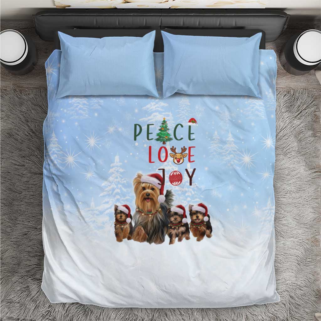 Yorkshire Terrier Dog Christmas Bedding Set with Peace Love Joy Quote and Santa Hat Puppies in Snowy Winter Scene - Wonder Print Shop